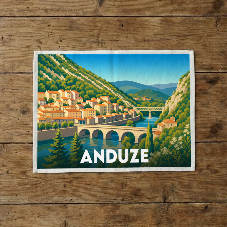 Torchon souvenir de la ville d'Anduze avec une illustration stylisée.