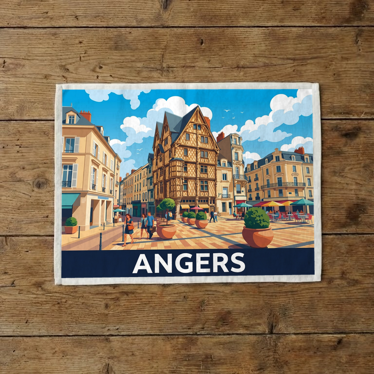 Torchon souvenir de la ville d'Angers avec une illustration stylisée.