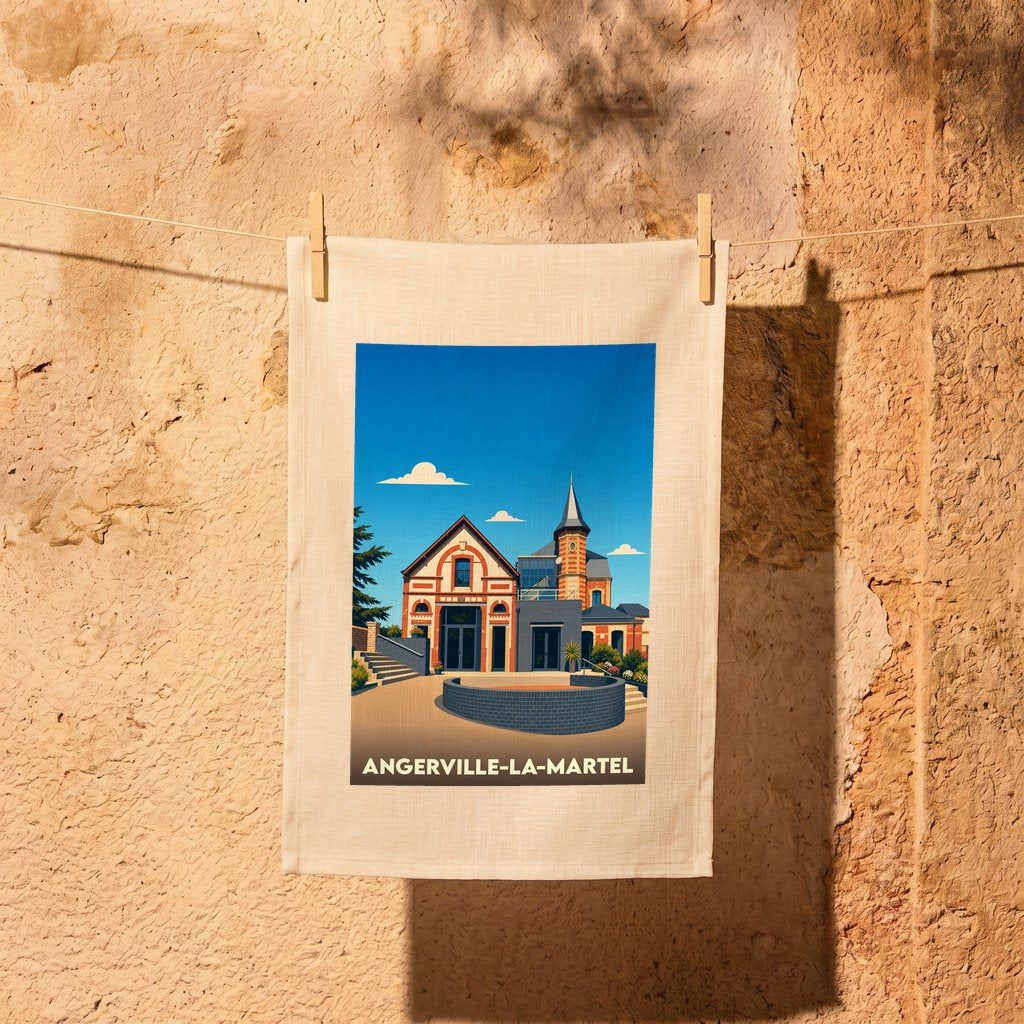 Torchon souvenir de la ville d'Angerville-la-Martel avec une illustration stylisée d'un bâtiment remarquable.