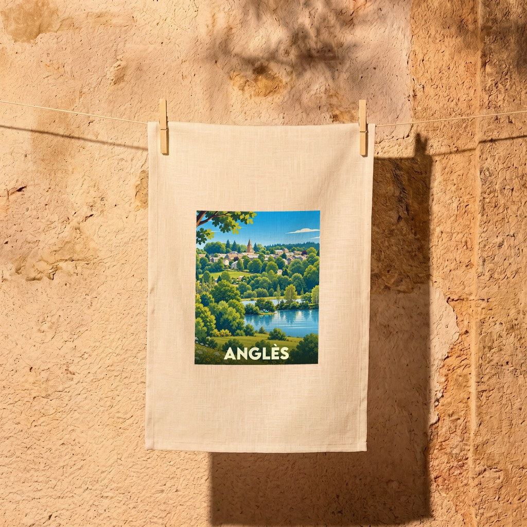 Torchon souvenir de la ville d'Anglès avec une illustration stylisée d'un paysage de lac et de forêt.