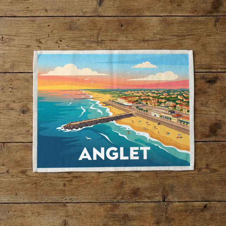 Torchon souvenir de la ville d'Anglet avec une illustration stylisée de son littoral.