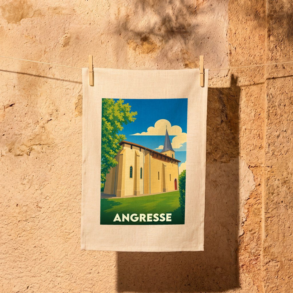 Torchon souvenir de la ville d'Angresse illustré d'un dessin stylisé de son église sous un ciel bleu.