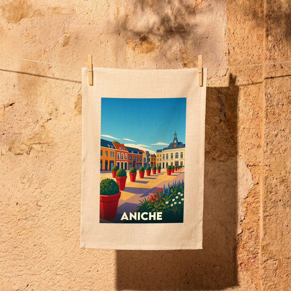 Torchon souvenir de la ville de Aniche avec une illustration stylisée d'une place ensoleillée.