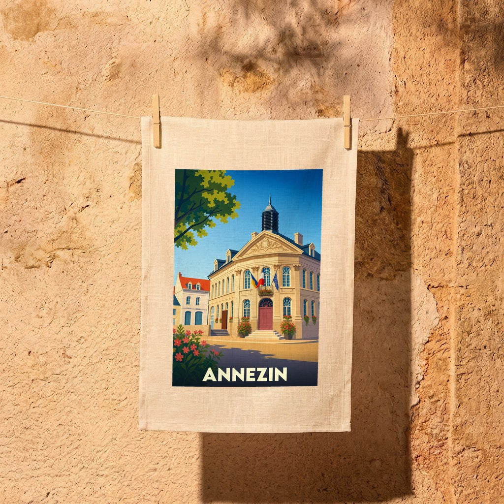 Torchon souvenir de la ville d'Annezin avec une illustration stylisée de sa mairie.