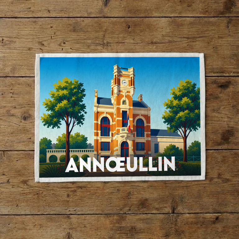 Torchon souvenir de la ville d'Annœullin illustré par son hôtel de ville de style flamand.