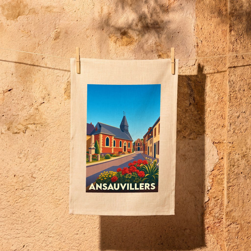 Torchon souvenir de la ville de Ansauvillers avec une illustration stylisée.