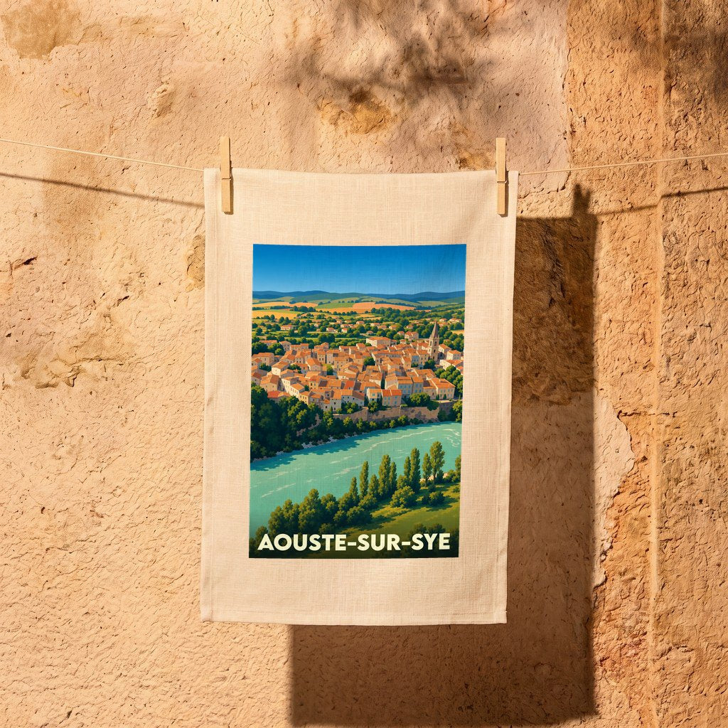 Torchon souvenir de la ville d'Aouste-sur-Sye avec une illustration stylisée.