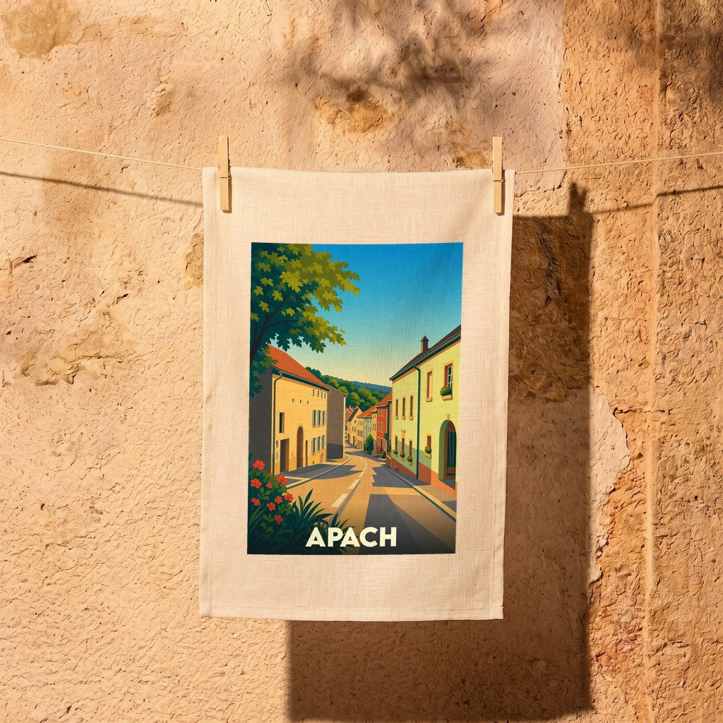 Torchon souvenir de la ville d'Apach avec une illustration stylisée d'une rue pittoresque.