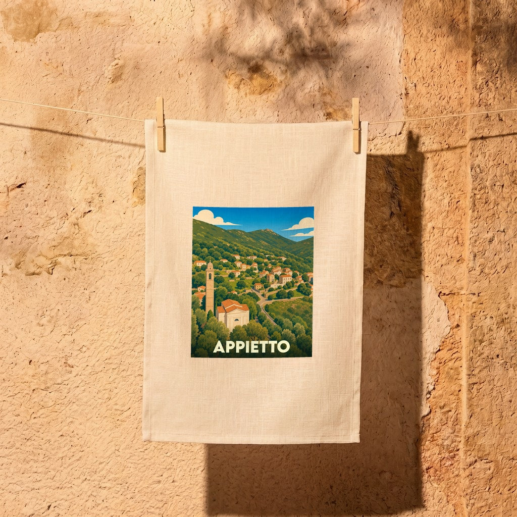 Torchon souvenir de la ville d'Appietto illustré d'un paysage montagneux stylisé.