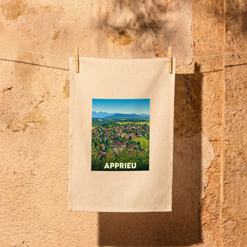 Torchon souvenir de la ville d'Apprieu illustré par une vue panoramique stylisée sur la commune et les montagnes.