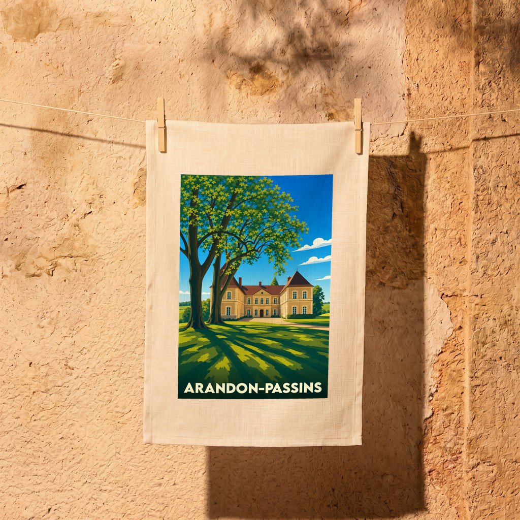 Torchon souvenir de la ville de Arandon-Passins avec une illustration stylisée d'un château.