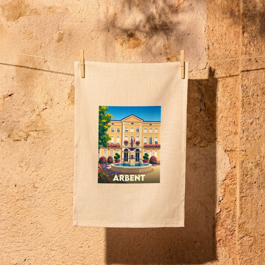 Torchon souvenir de la ville d'Arbent avec une illustration stylisée d'un bâtiment historique et d'une fontaine.