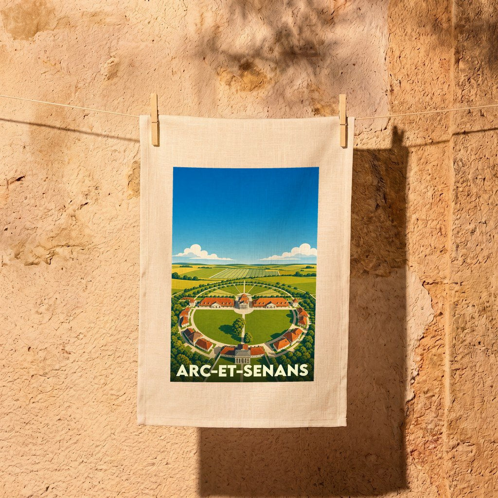 Torchon de cuisine souvenir de la ville de Arc-et-Senans avec une illustration stylisée de sa célèbre saline royale.
