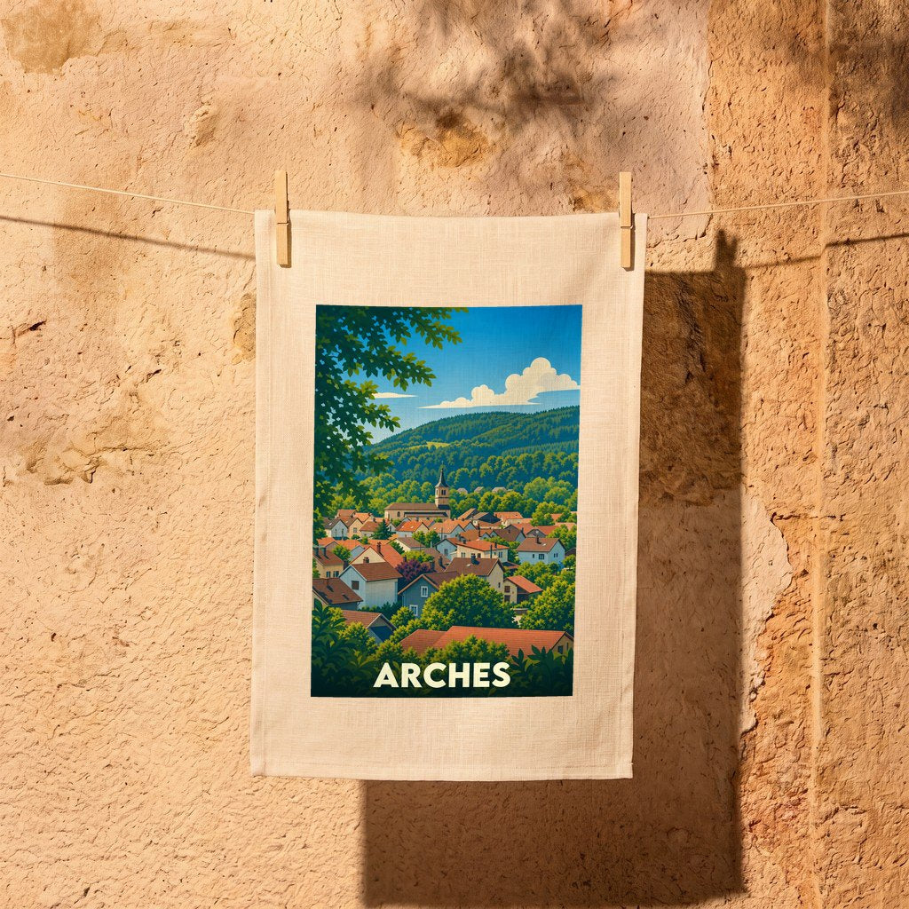 Torchon souvenir de la ville d'Arches avec une illustration stylisée d'un village de montagne.