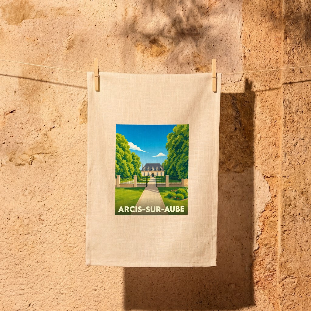 Torchon souvenir de la ville de Arcis-sur-Aube avec une illustration stylisée d'un château et de son parc.