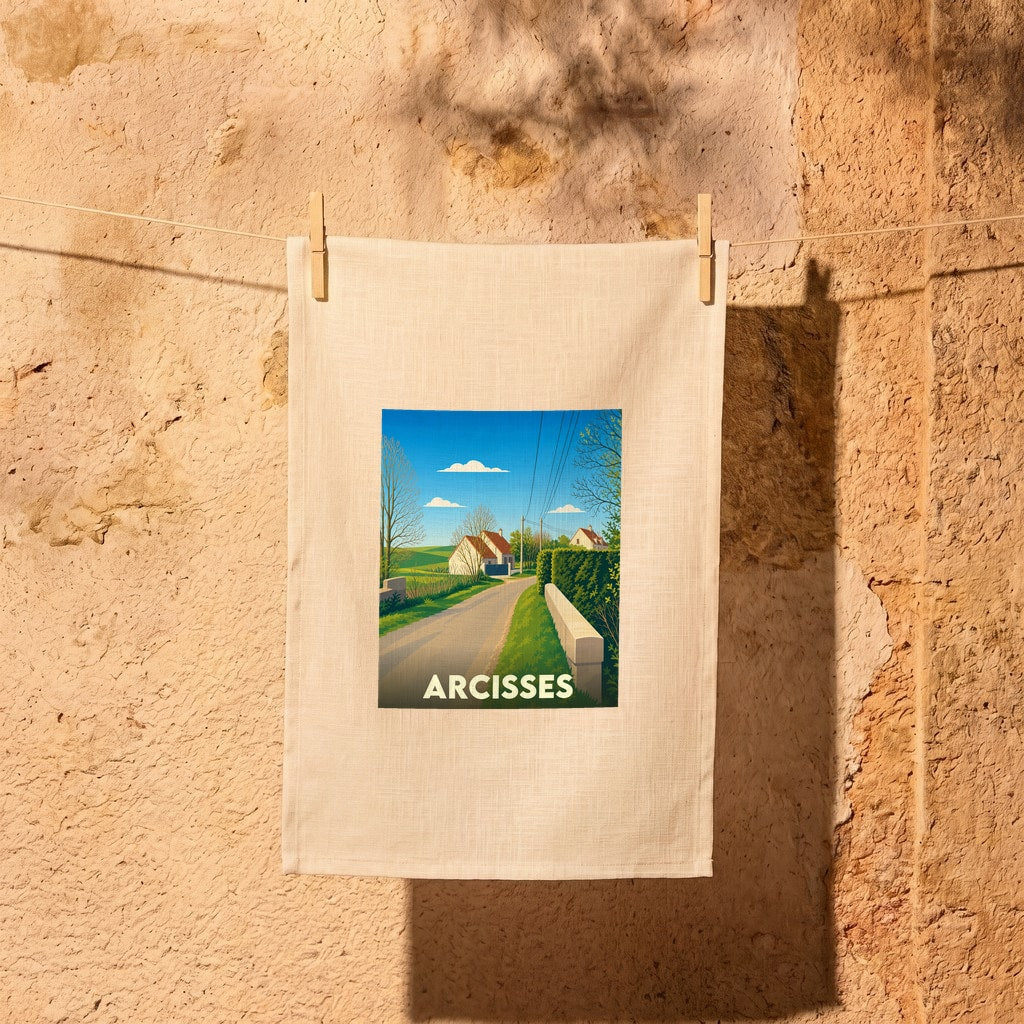 Torchon souvenir de la ville d'Arcisses orné d'une illustration paysagère stylisée.
