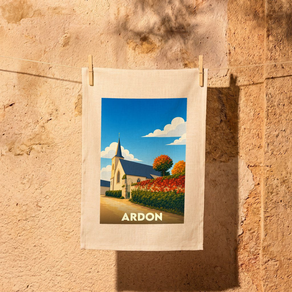 Torchon souvenir de la ville d'Ardon avec une illustration stylisée de son église et de paysages automnaux.