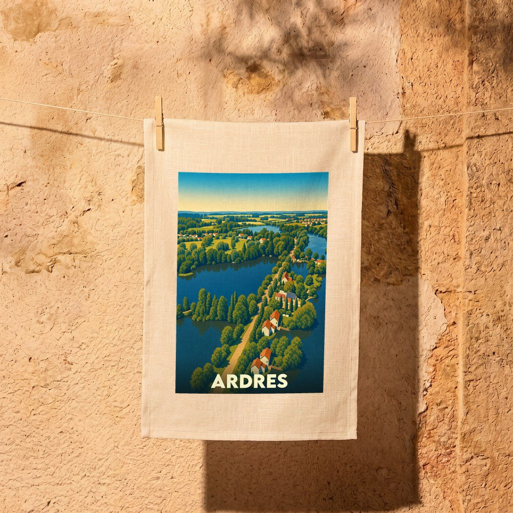 Torchon souvenir de la ville d'Ardres avec une illustration stylisée d'un paysage lacustre.