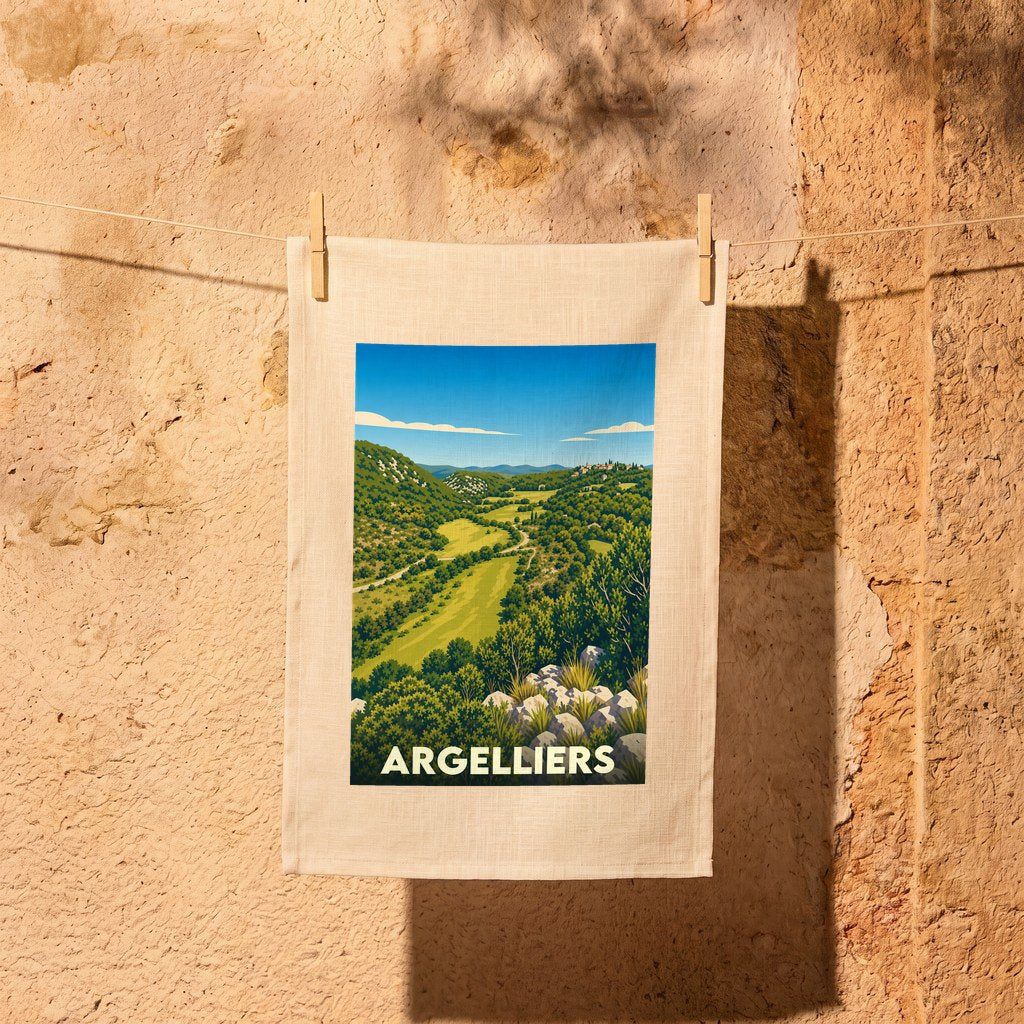 Torchon souvenir de la ville d'Argelliers avec une illustration paysagère stylisée.