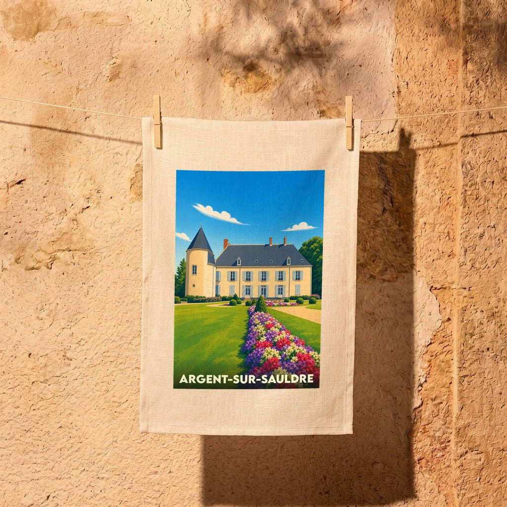 Torchon souvenir de la ville d'Argent-sur-Sauldre avec une illustration stylisée de son château et de ses jardins.