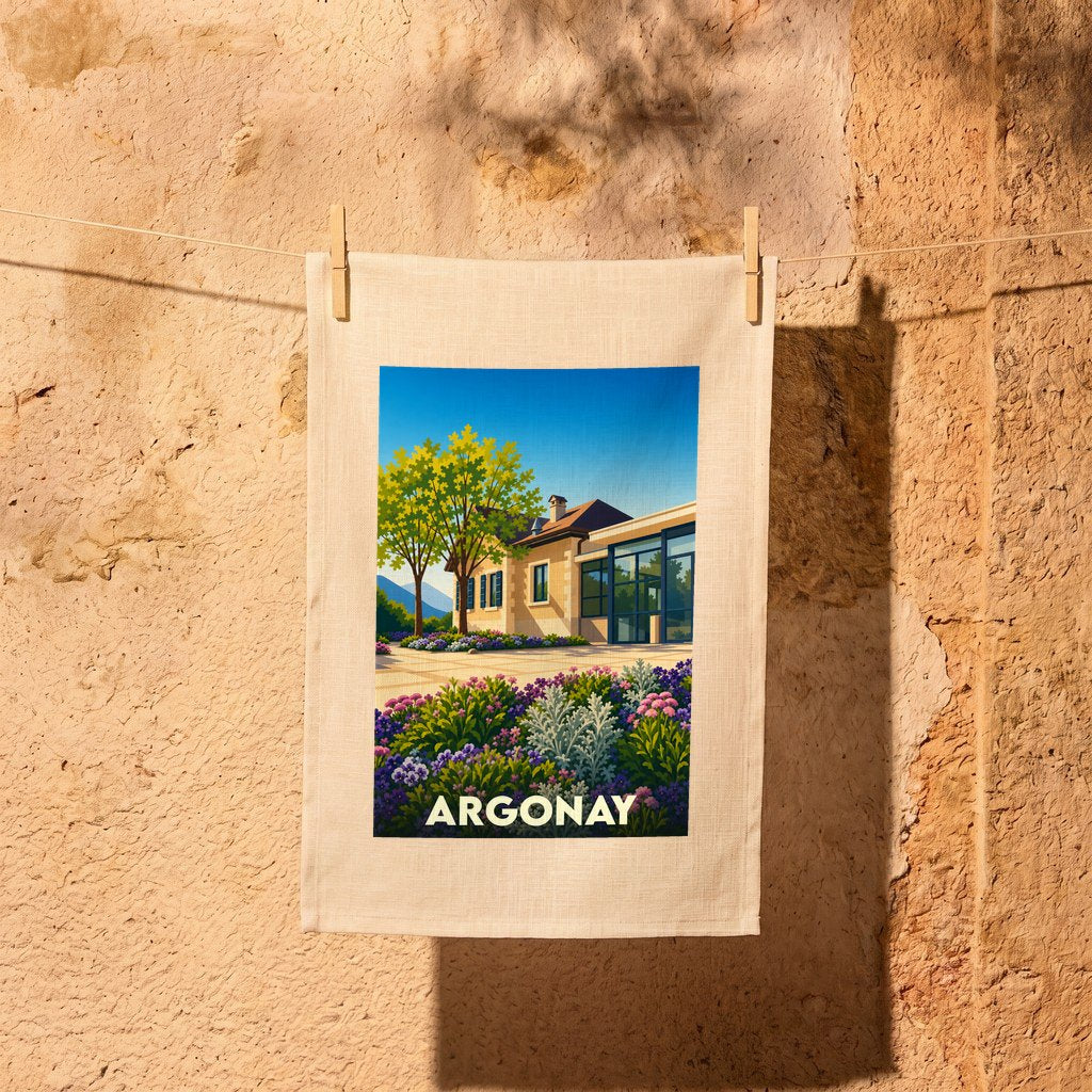 Torchon souvenir de la ville d'Argonay illustré d'un paysage coloré et stylisé.