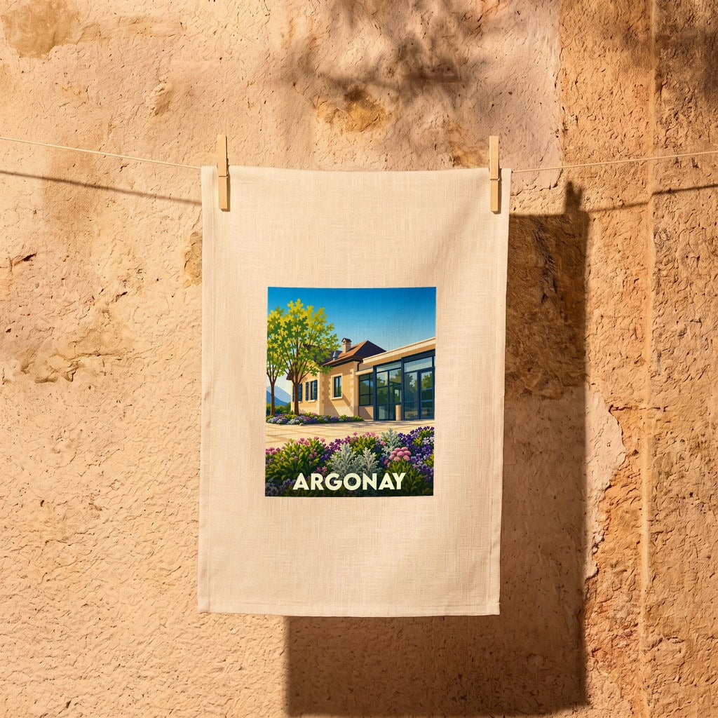 Torchon souvenir de la ville d'Argonay illustré d'un paysage coloré et stylisé.