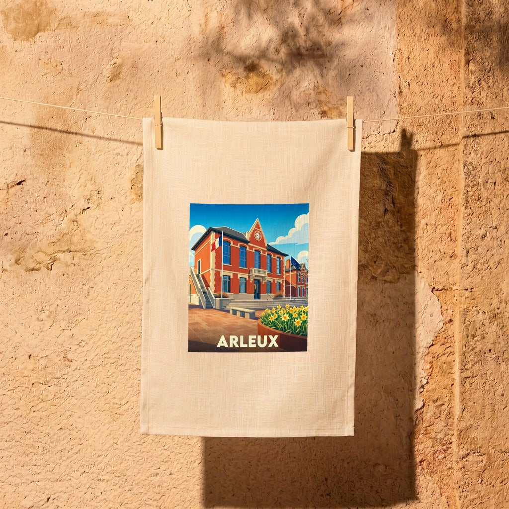 Torchon souvenir de la ville d'Arleux orné d'une illustration stylisée de son hôtel de ville.