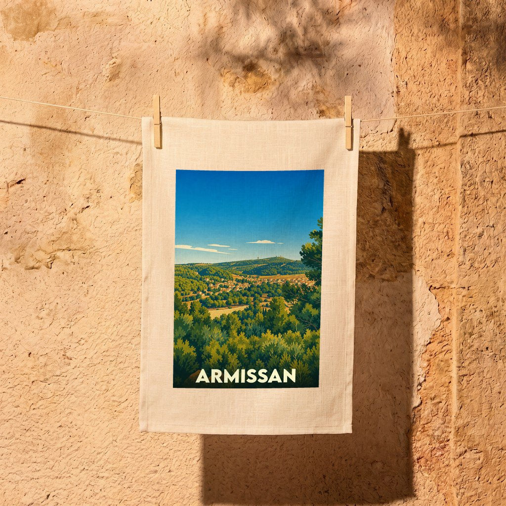 Torchon souvenir de la ville d'Armissan avec une illustration paysagère stylisée.