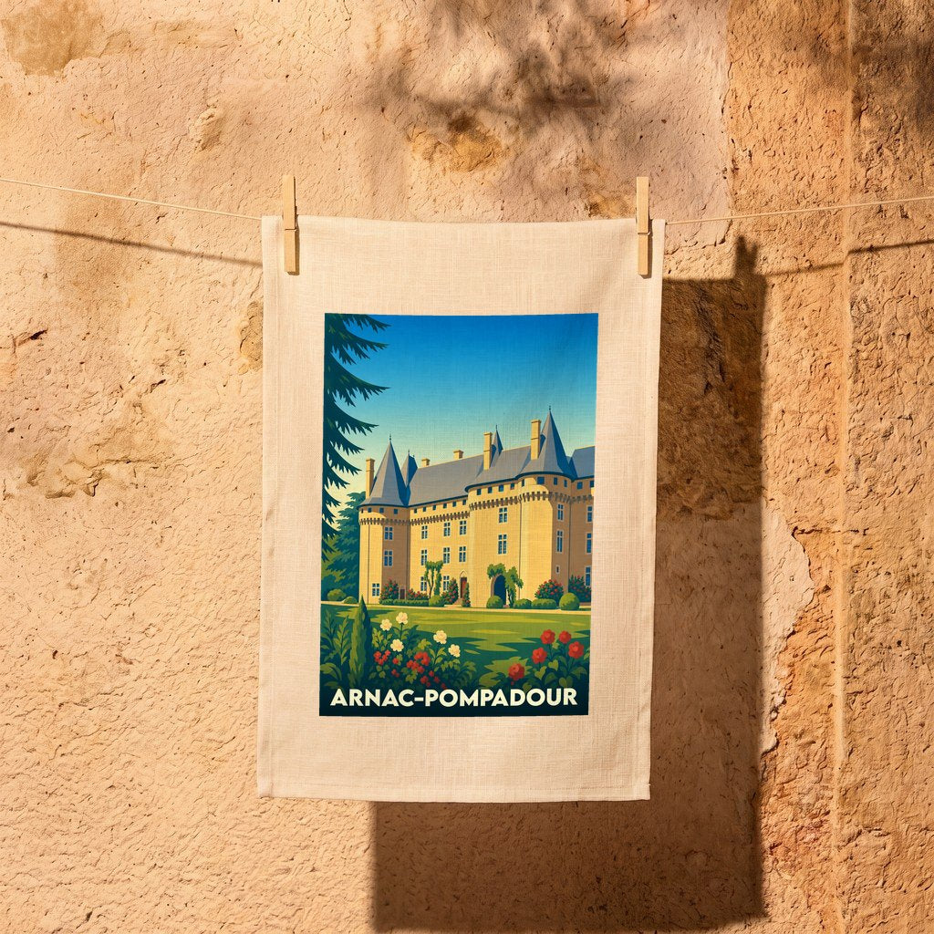Torchon souvenir de la ville d'Arnac-Pompadour avec une illustration stylisée de son château.
