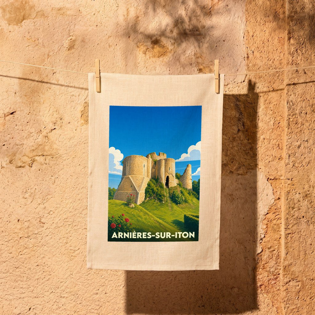 Torchon souvenir de la ville d'Arnières-sur-Iton avec une illustration stylisée de son château médiéval.