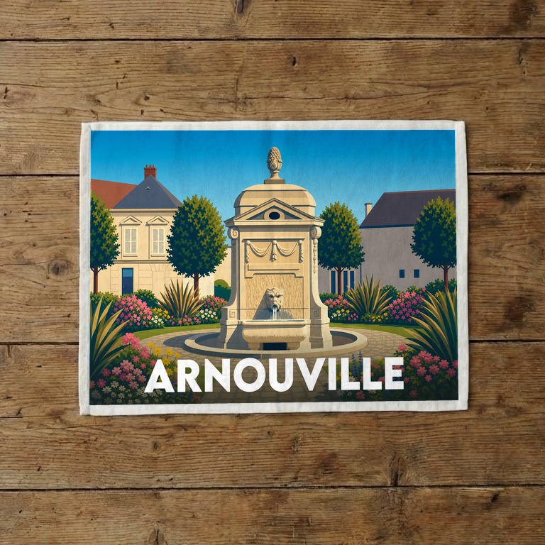 Torchon souvenir de la ville d'Arnouville avec une illustration stylisée de sa fontaine.