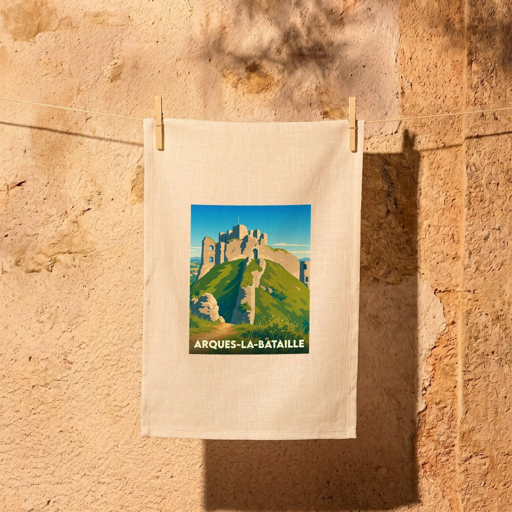 Torchon souvenir de la ville d'Arques-la-Bataille avec une illustration stylisée de son château médiéval.