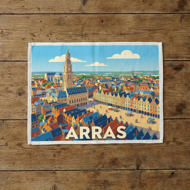 Torchon souvenir de la ville d'Arras avec une illustration stylisée de ses places et de son beffroi.