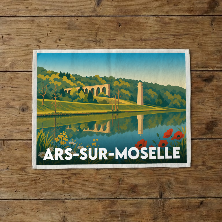 Torchon souvenir de la ville d'Ars-sur-Moselle avec une illustration stylisée.