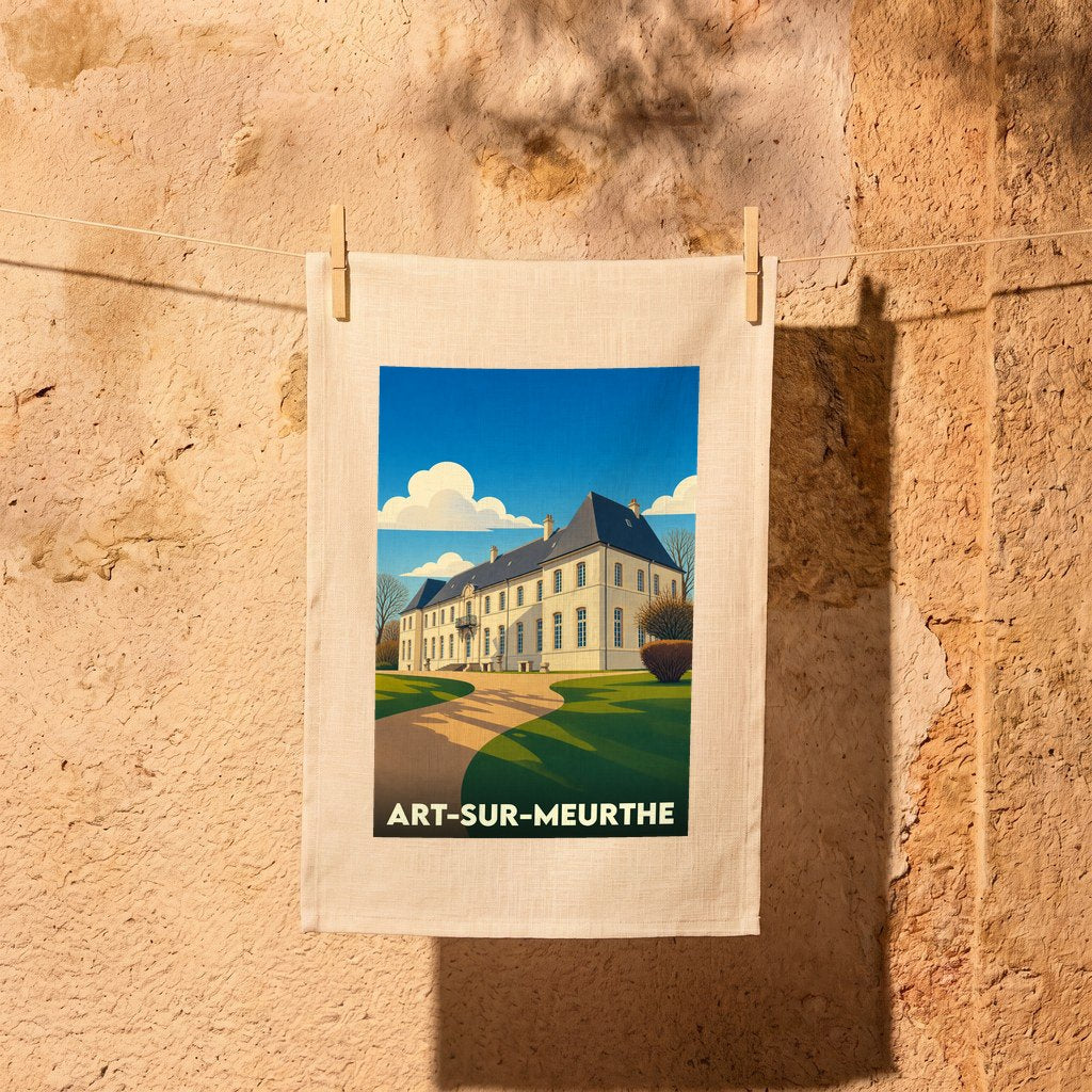 Torchon souvenir de la ville de Art-sur-Meurthe illustré d'une vue stylisée de son château.