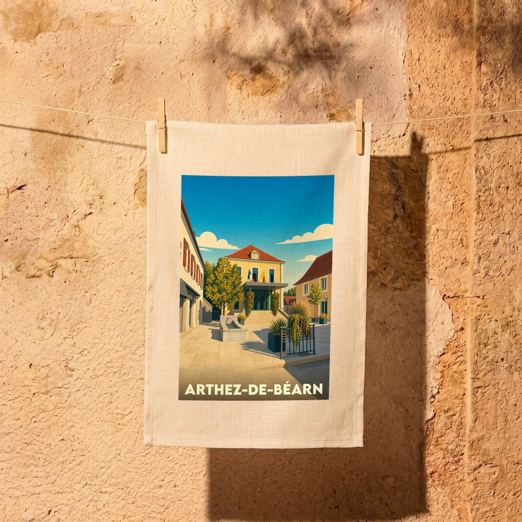 Torchon souvenir de la ville d'Arthez-de-Béarn avec une illustration stylisée de sa place principale.