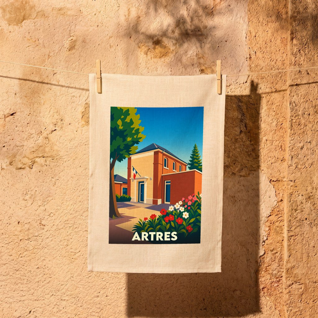 Torchon souvenir de la ville de Artres avec une illustration stylisée.