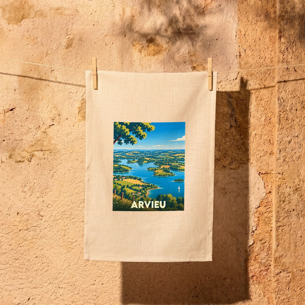 Torchon souvenir de la ville d'Arvieu orné d'une illustration stylisée de son paysage lacustre.