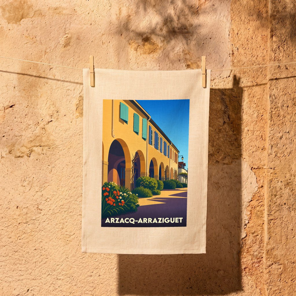Torchon souvenir de la ville d'Arzacq-Arraziguet avec une illustration stylisée de ses arcades typiques.