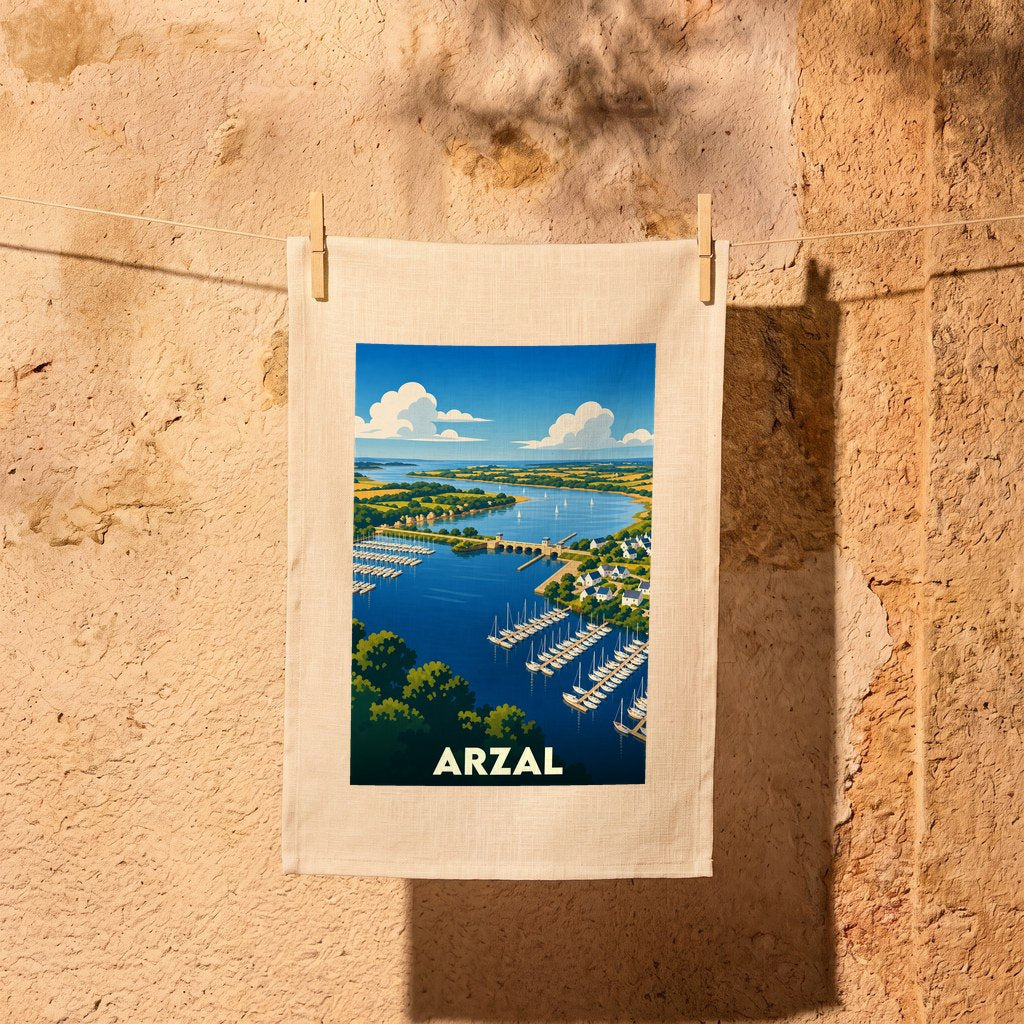 Torchon souvenir de la ville d'Arzal avec une illustration stylisée de son port et de son barrage.