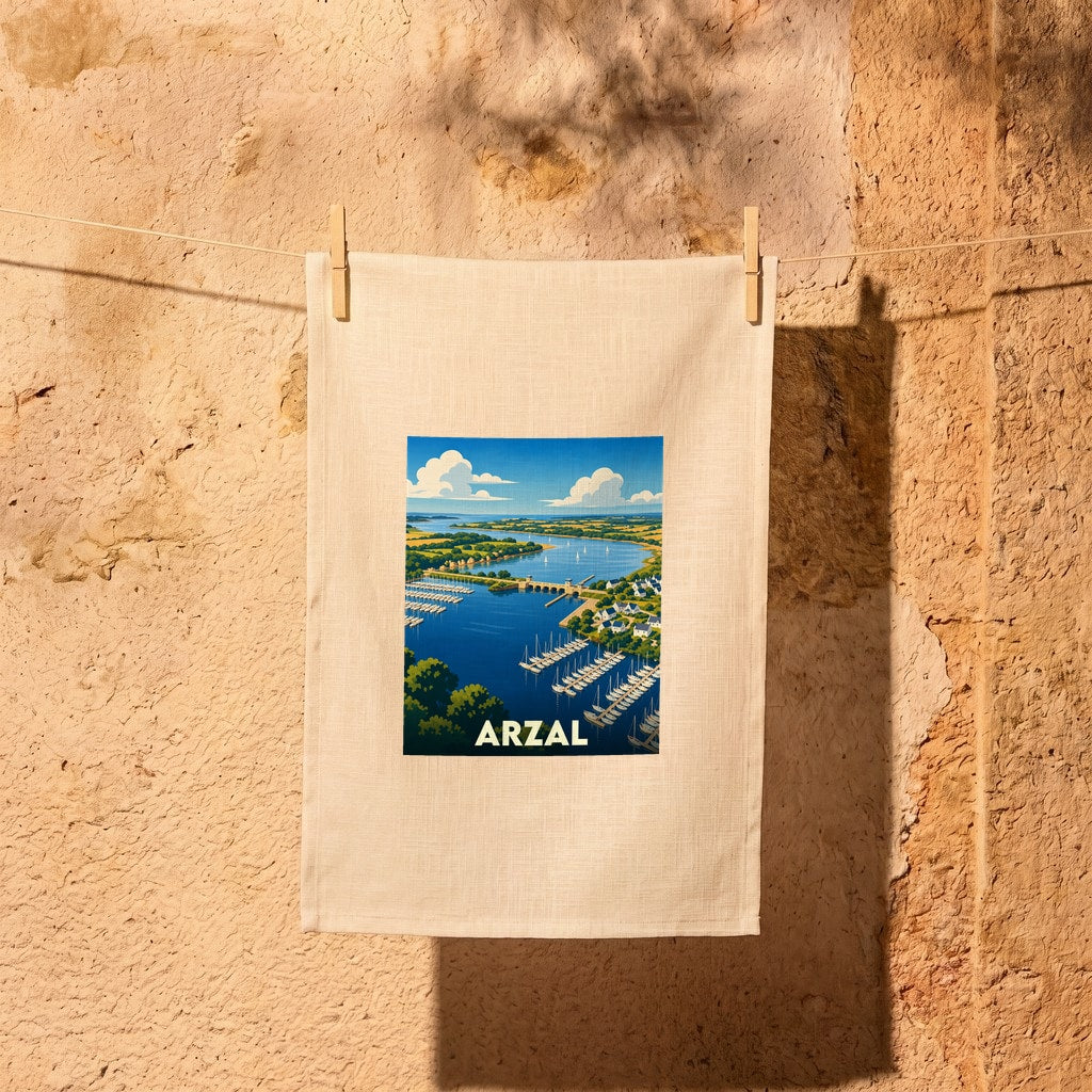 Torchon souvenir de la ville d'Arzal avec une illustration stylisée de son port et de son barrage.