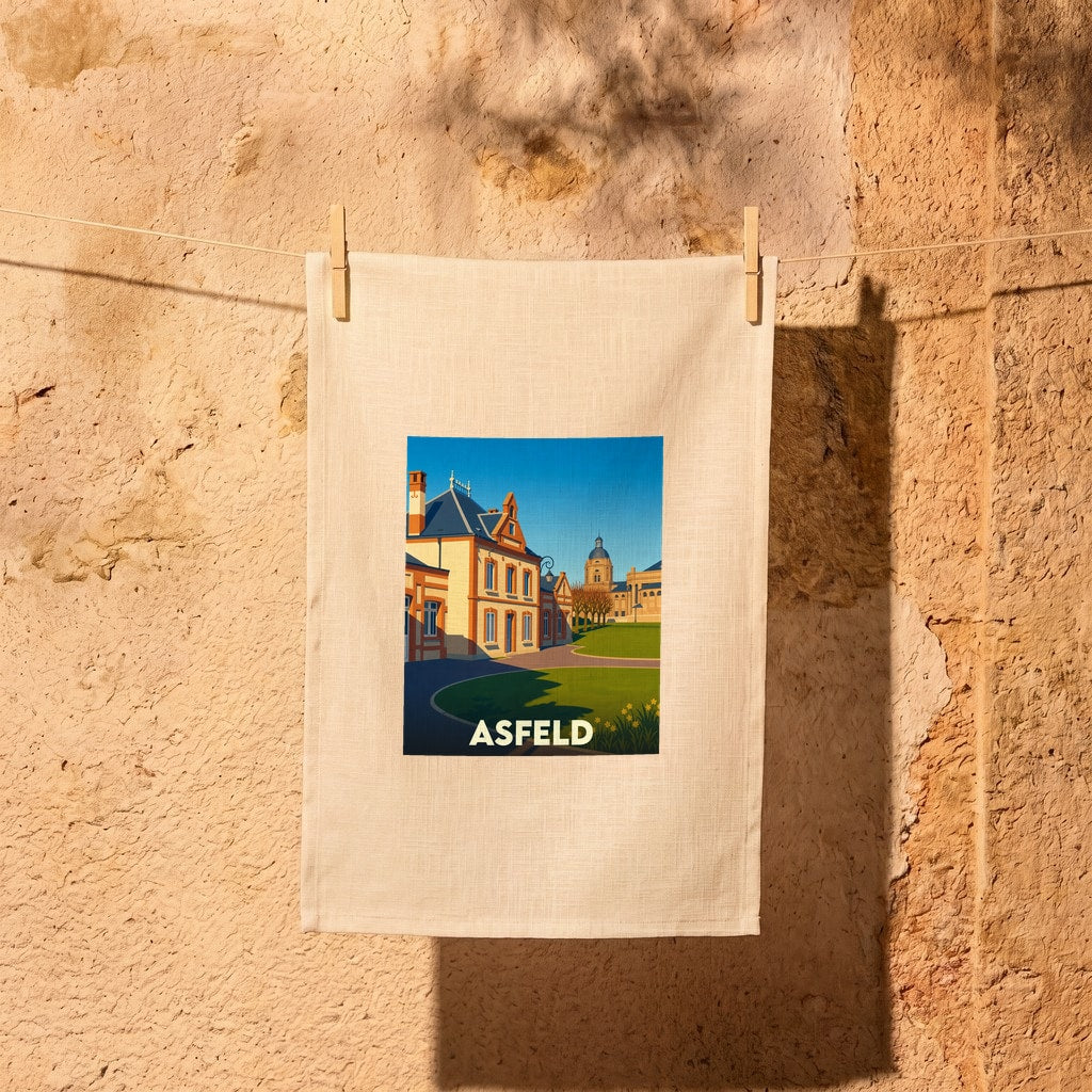 Torchon souvenir de la ville d'Asfeld avec une illustration stylisée et colorée.