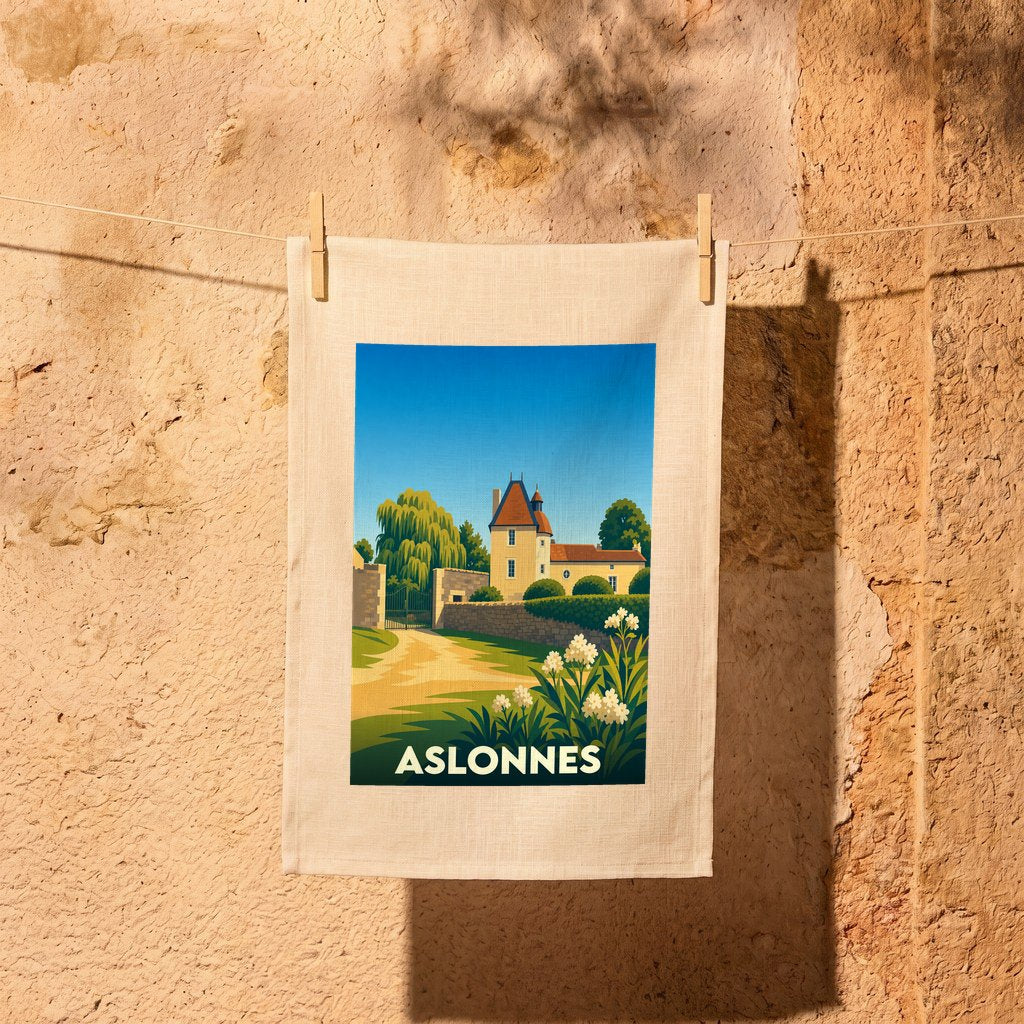 Torchon souvenir de la ville d'Aslonnes avec une illustration stylisée d'un manoir et son jardin.