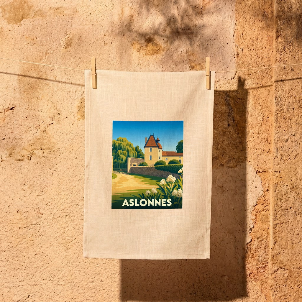 Torchon souvenir de la ville d'Aslonnes avec une illustration stylisée d'un manoir et son jardin.