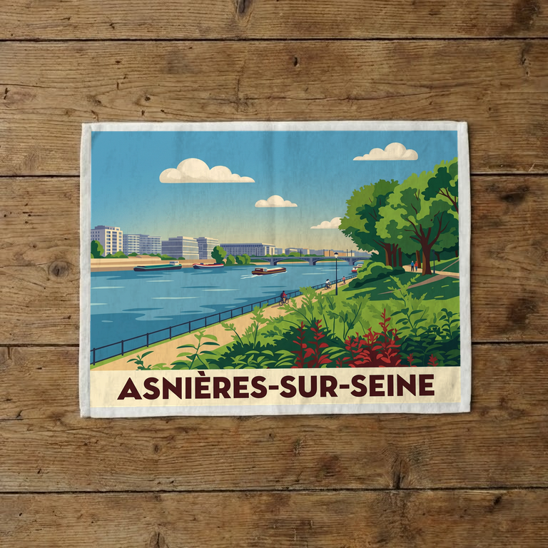 Torchon souvenir de la ville d'Asnières-sur-Seine avec une illustration stylisée des bords de Seine.