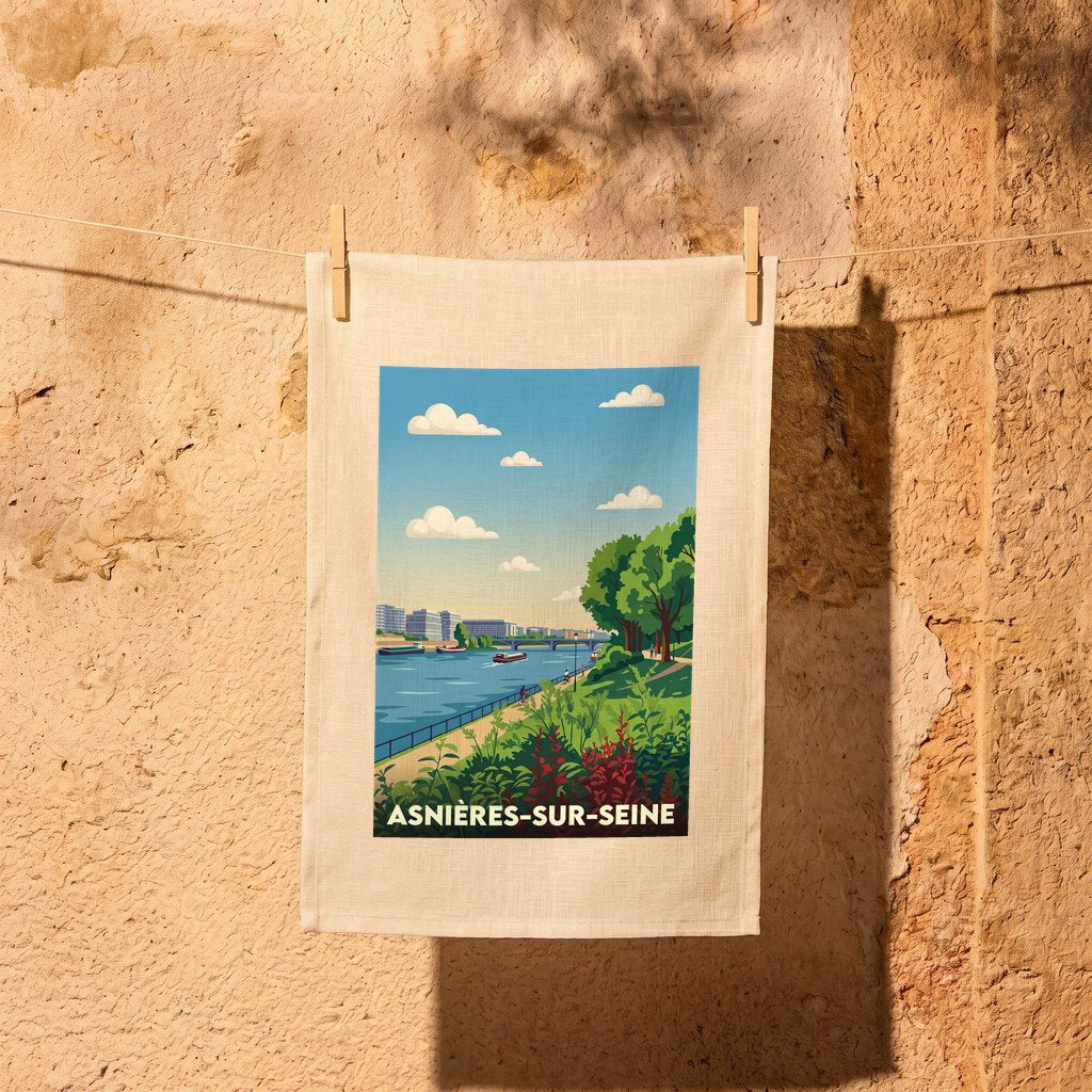 Torchon souvenir de la ville d'Asnières-sur-Seine avec une illustration stylisée des bords de Seine.