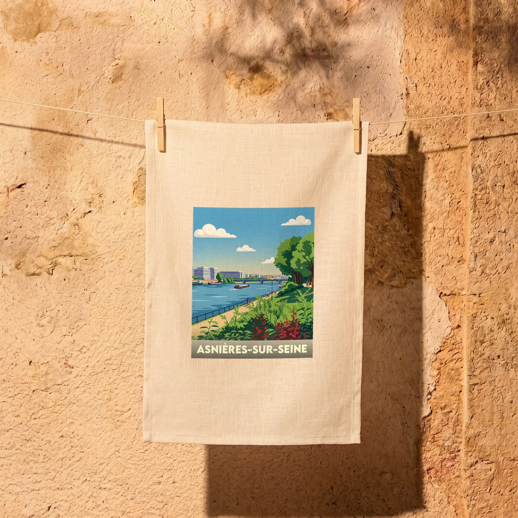 Torchon souvenir de la ville d'Asnières-sur-Seine avec une illustration stylisée des bords de Seine.