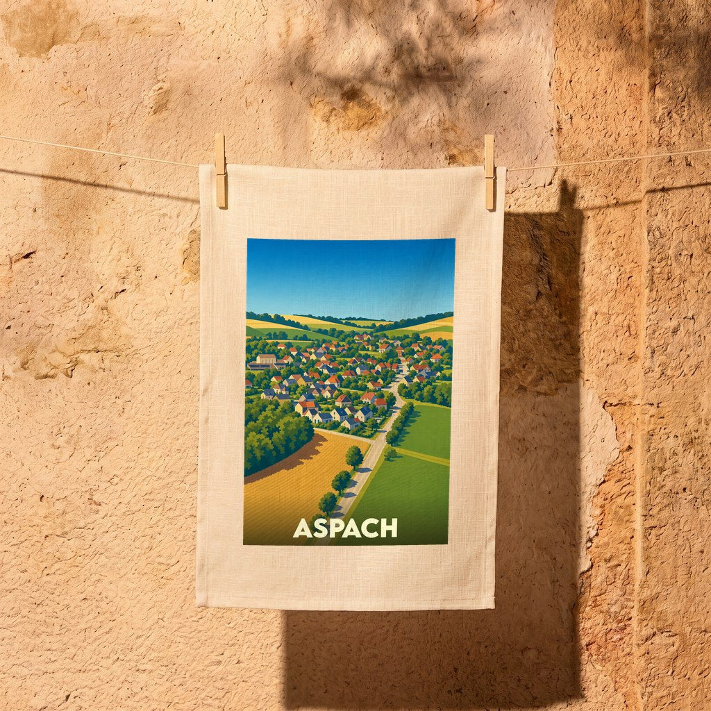 Torchon souvenir de la ville d'Aspach avec une illustration stylisée d'un paysage rural.