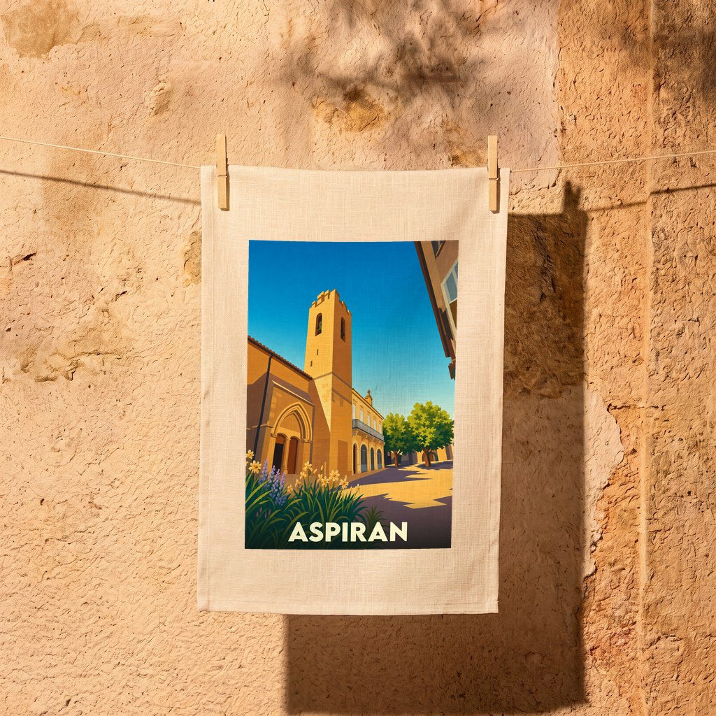 Torchon souvenir de la ville de Aspiran avec une illustration stylisée d'une place ensoleillée.
