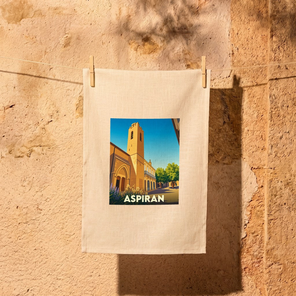 Torchon souvenir de la ville de Aspiran avec une illustration stylisée d'une place ensoleillée.